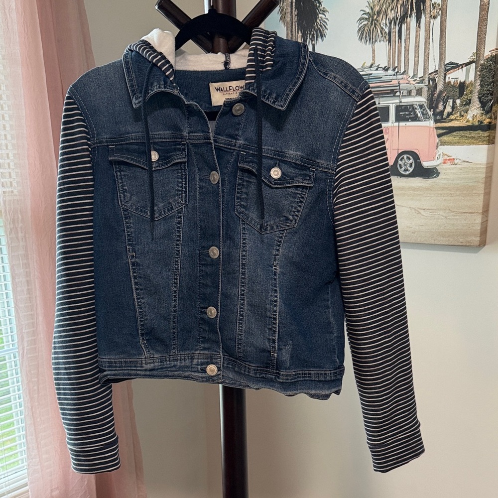 Wallflower Girls' Dark Blue Denim Jacket with Striped Hooded Sleeves